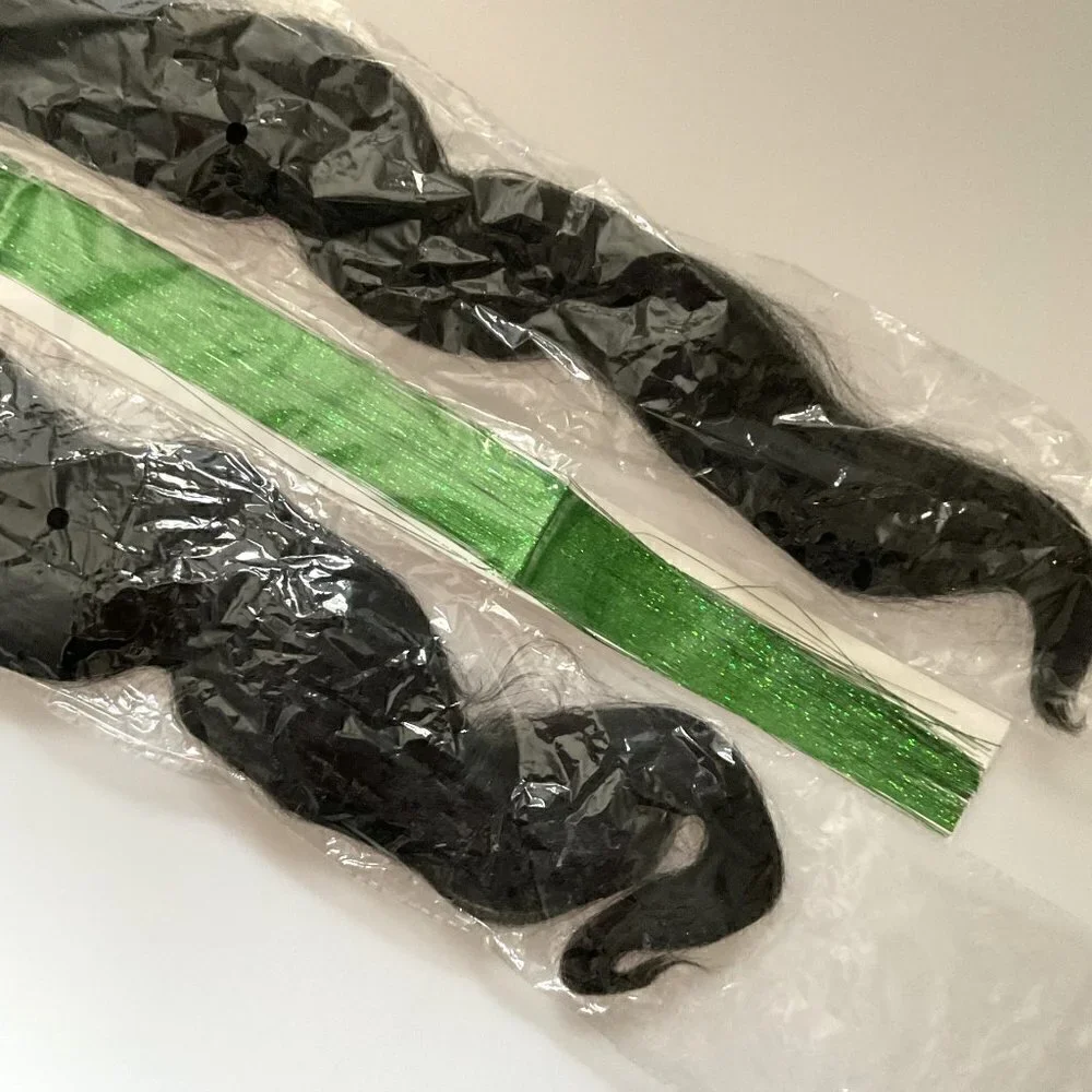 NEW HAIR EXTENSIONS PRE-STRETCHED BLACK GREEN TINSEL
